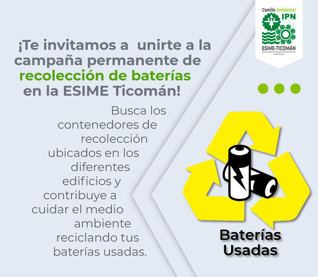 Texto de campaña de recoleción de pilas e imagen de reciclado de pilas